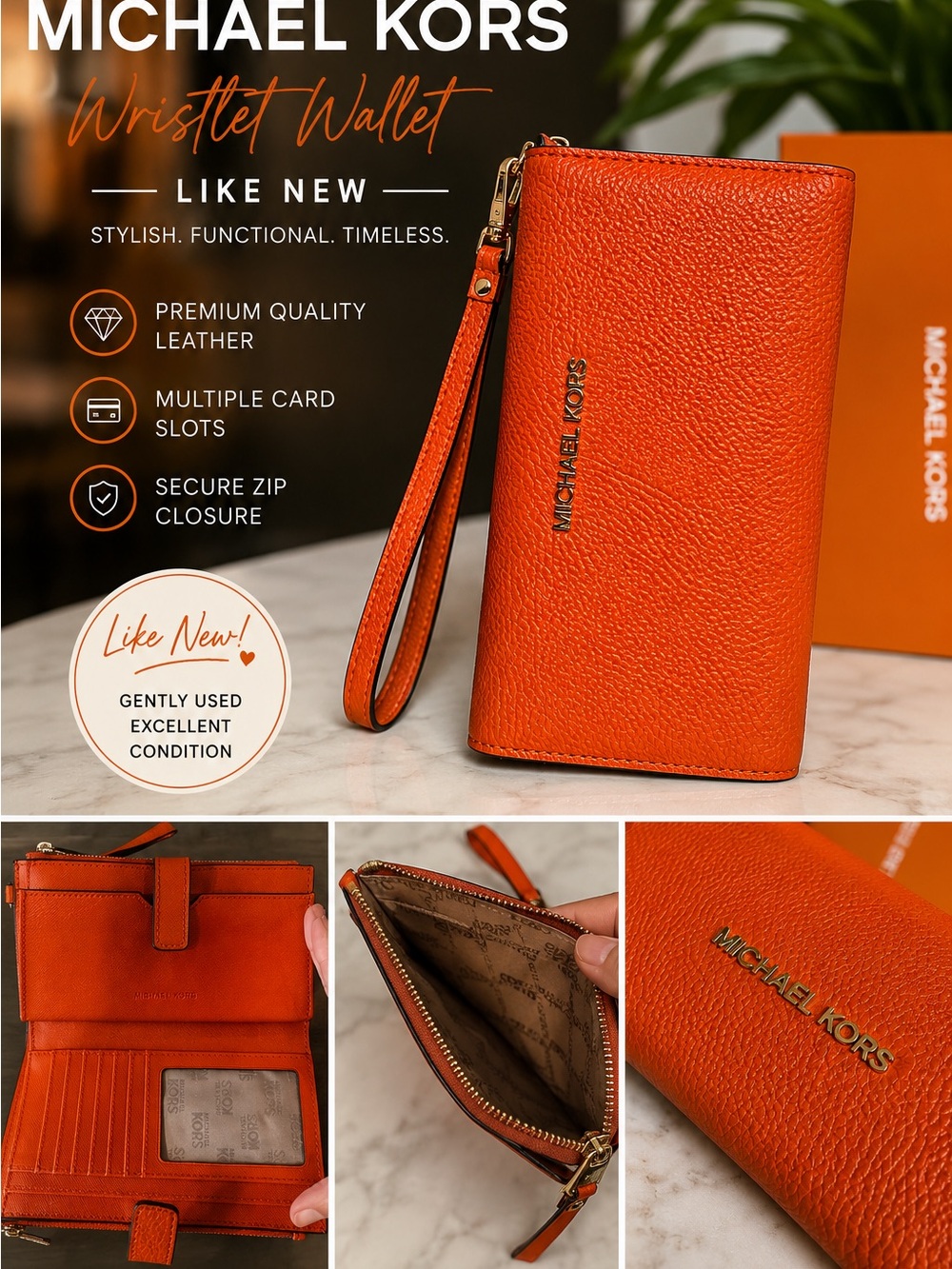 Michael Kors Orange Pebbled Leather Wristlet